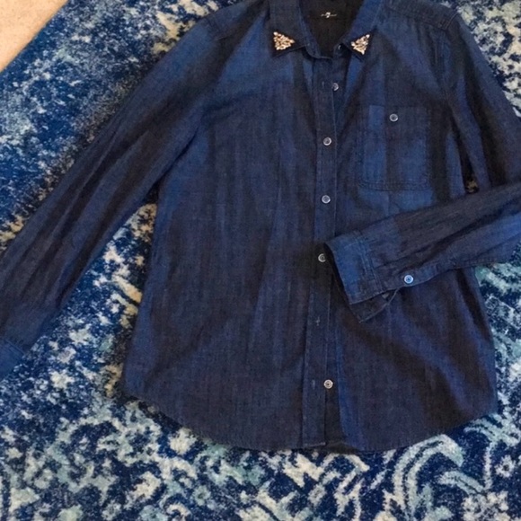 7FAM denim Top Blue chambray embellished long sleeve button up - Picture 2 of 3